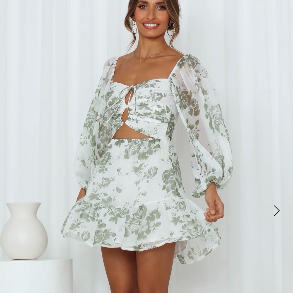 Hello Molly Floral Tie-Front Puff Sleeve Mini Dress - White & Sage